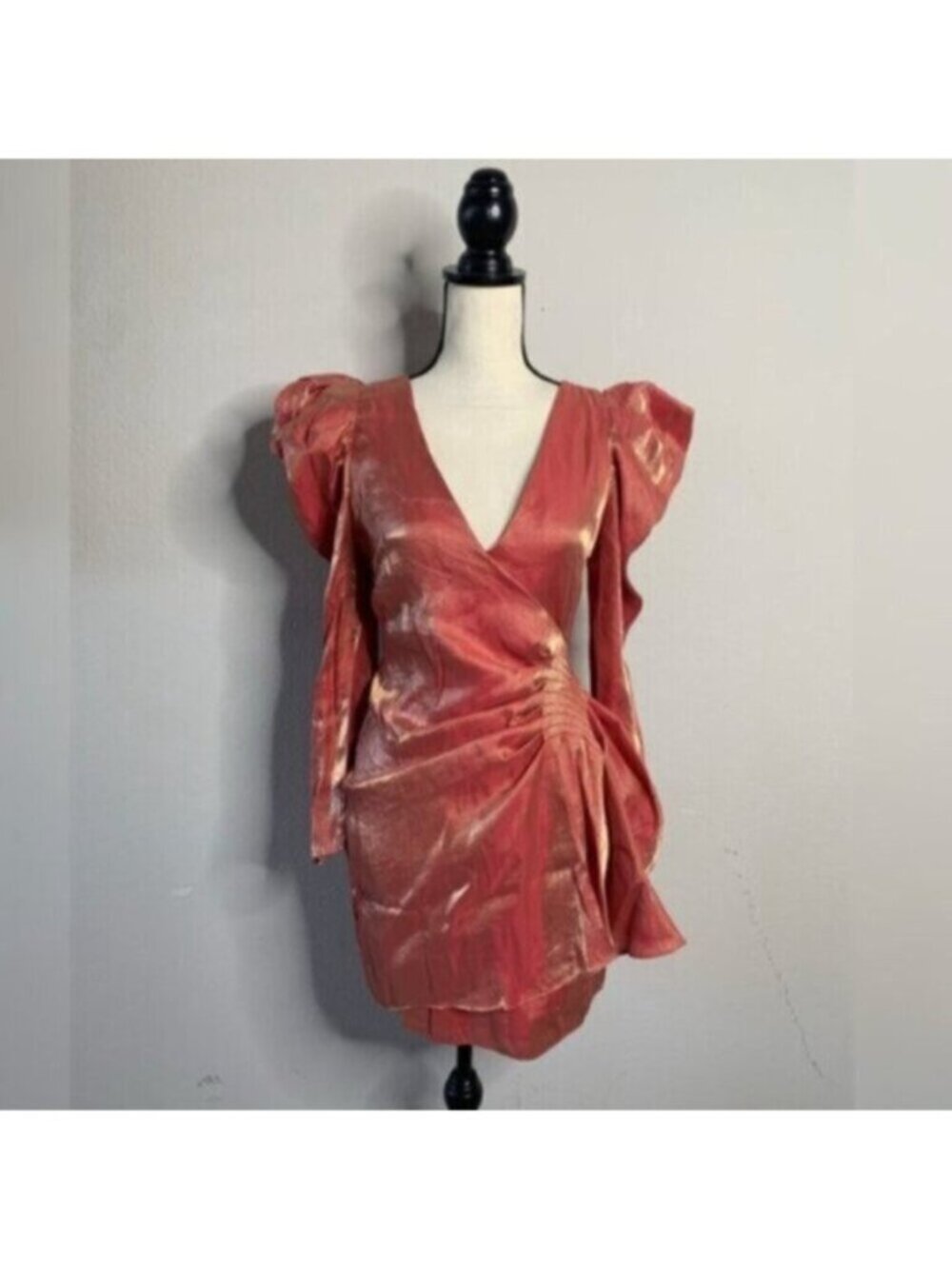 Elliatt Metallic Copper Gold Puff Shoulder Long Sleeve Wrap Mini Dress - Picture 3 of 15